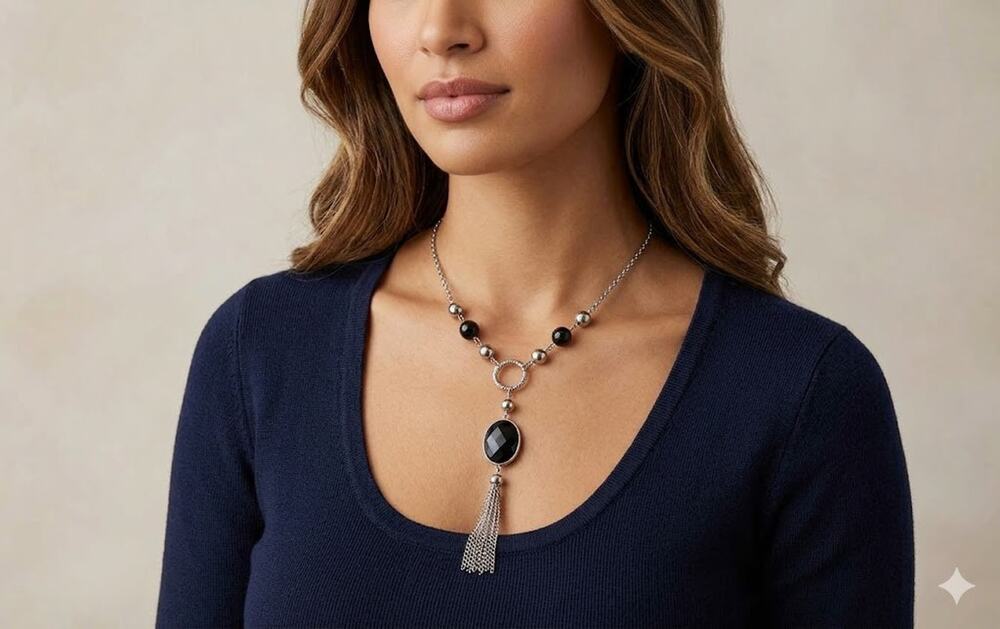 Deco Flapper Silver Tone Tassel Y Necklace Black Onyx Style Pendant Bead Chain